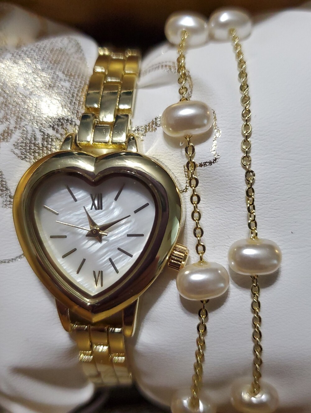 Folio 2pc Mother of Pearl Watch & Pearl Bracelet Set, 25mm Heart Case, Gold